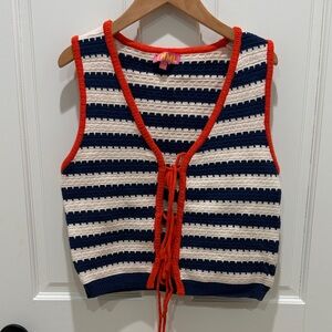 THML Navy and White Striped Knit Top with Red Trim like new